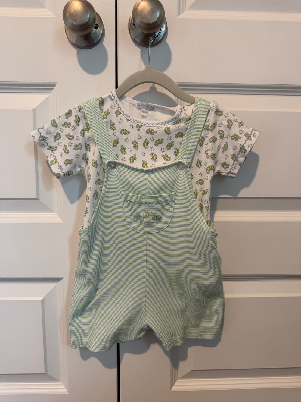 Kissy Kissy Green Striped Shortall with Frog Print